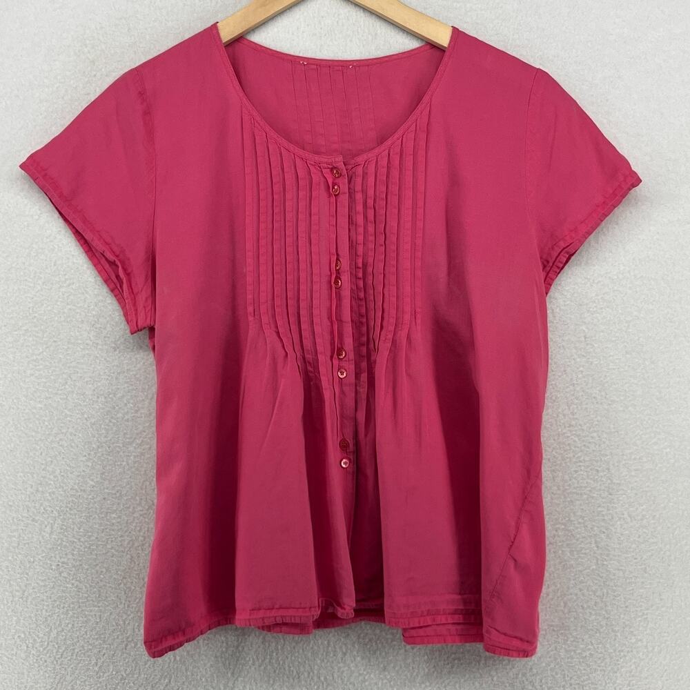 EILEEN FISHER Top M Cotton Pintuck Button Front Short Sleeve Blouse Pink